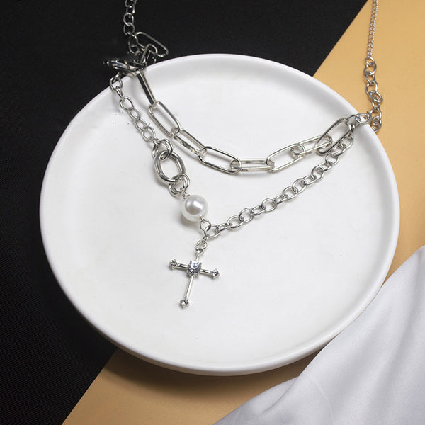 Cross Double Pearl Chain Necklace