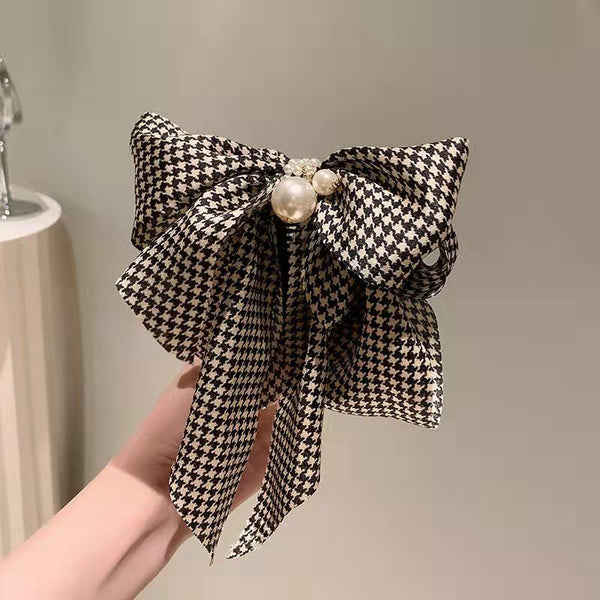 Pearl Houndstooth Large Bow Elegant Hair Clip