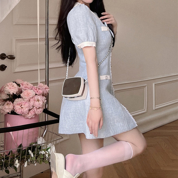 Doll Neck Bow Short Sleeve A-Line Dress