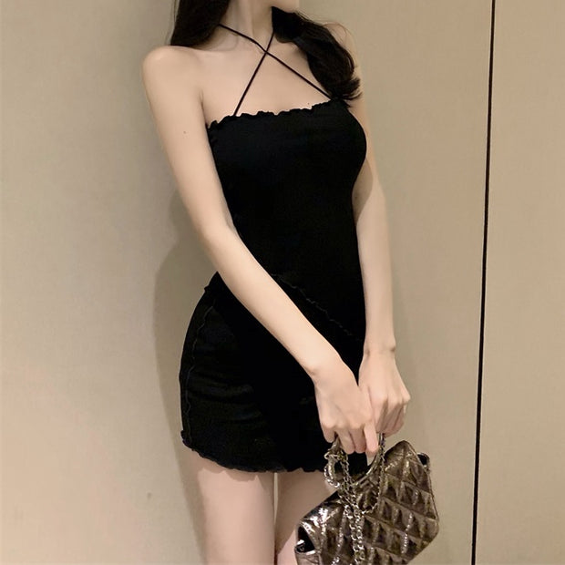 Two-piece black tulle suspender long sleeve dress