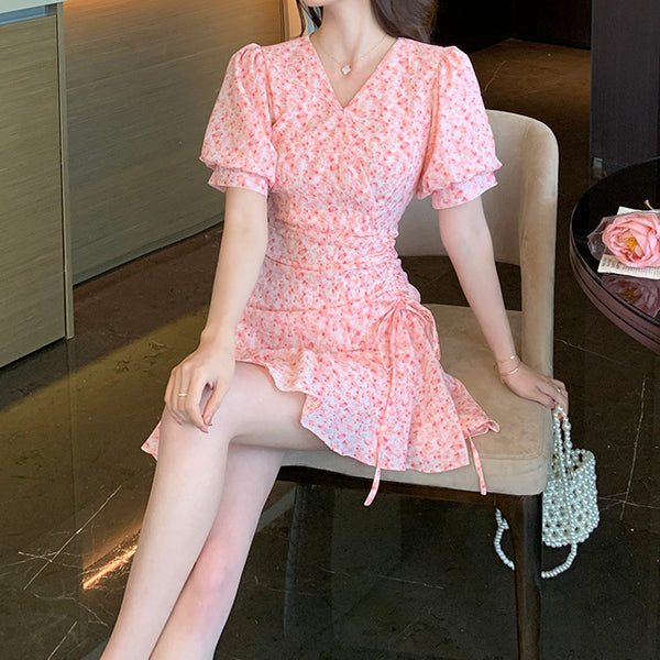 V-Neck Drawstring Short-Sleeved Pink Floral Dress