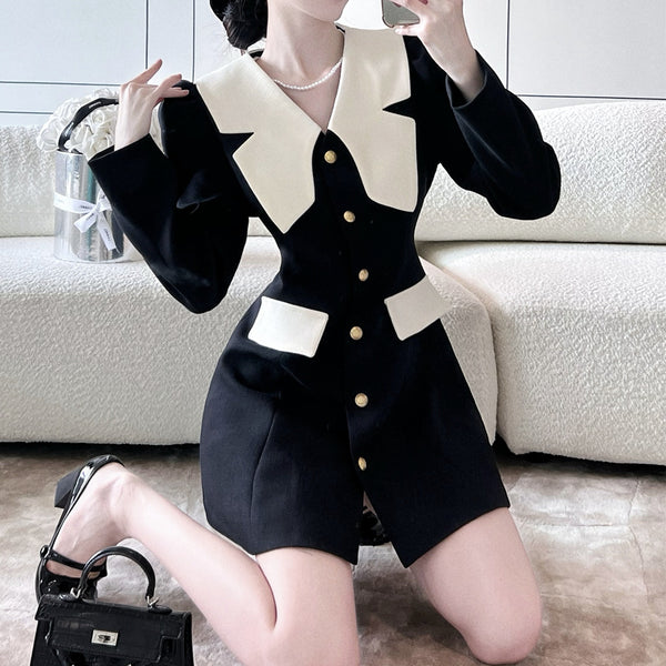 Color Block Long Sleeve Breasted Suit Dress