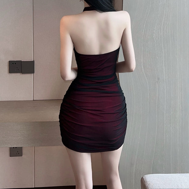 Backless Halterneck Hollow Pleated Slim Cocktail Dress
