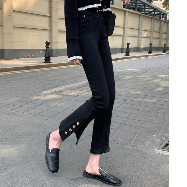 Black High-Waisted Slim-Fit Jeans Trousers
