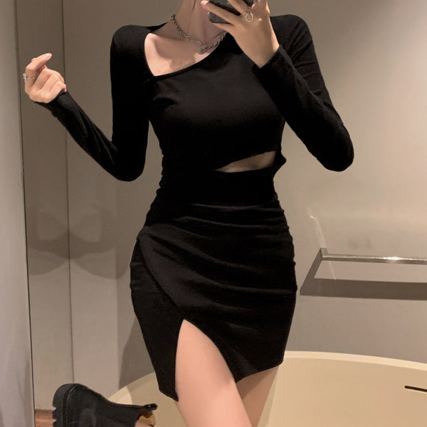 Long sleeve slim temperament black short dress