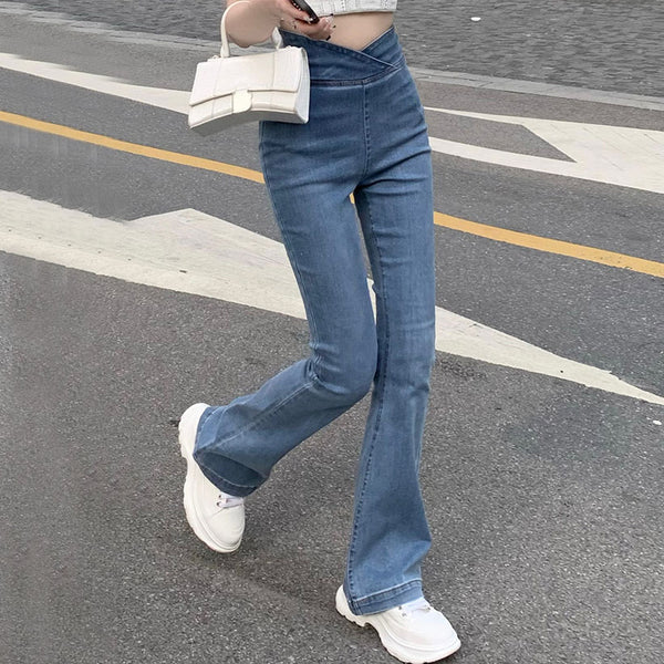 High Waist Jeans Straight Fit Micro Flare Long Pants