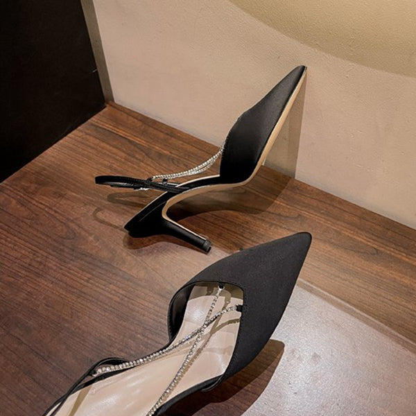 Rhinestone Pointed Toe Black Stiletto Heels Shoes