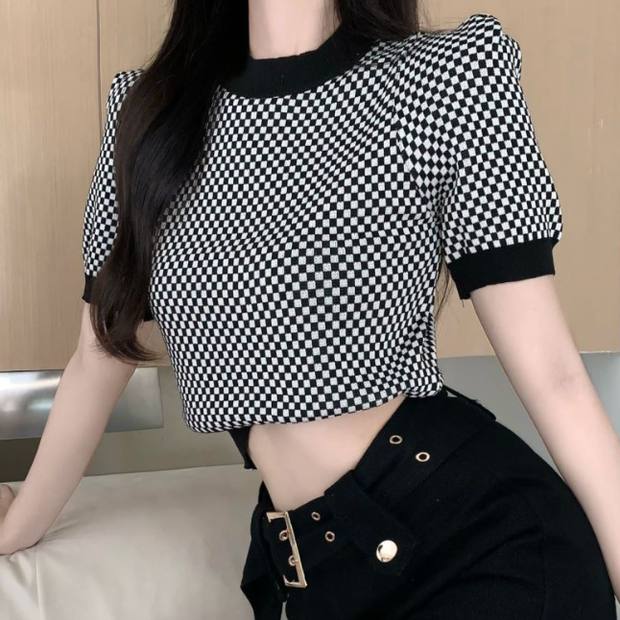 Plaid Short Sleeve T-Shirt Black Belt Skirt Suit