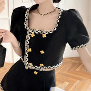 Double breasted tweed top high waist shorts set
