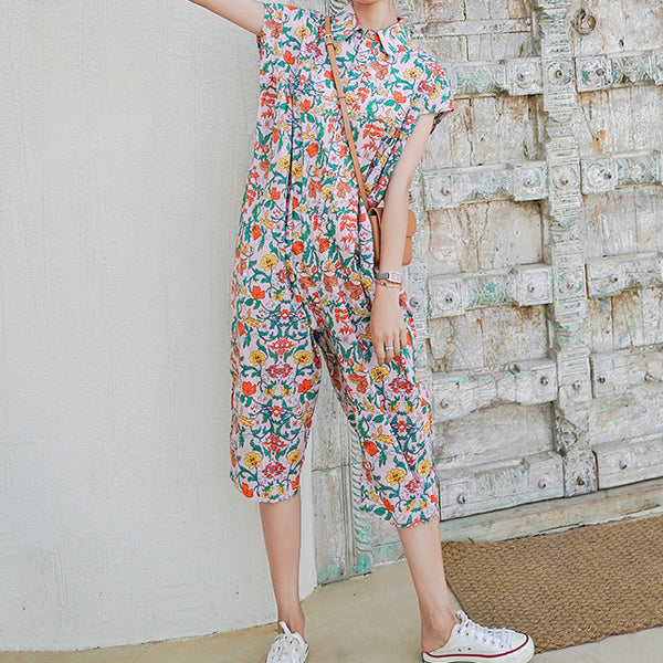 Loose Wide-Leg Polo Collar Button-Up Floral Jumpsuit