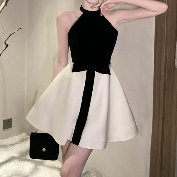 Off-The-Shoulder Color-Block Waist Fluffy A-Line Dress