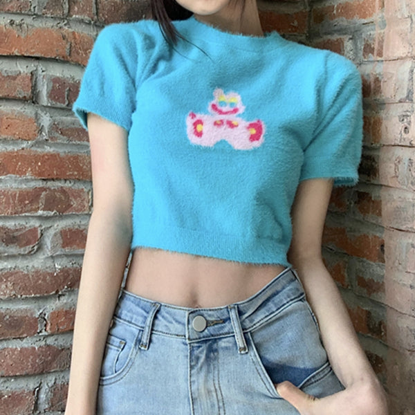 Short Sleeve Crew Neck Slim Cropped Knit Top