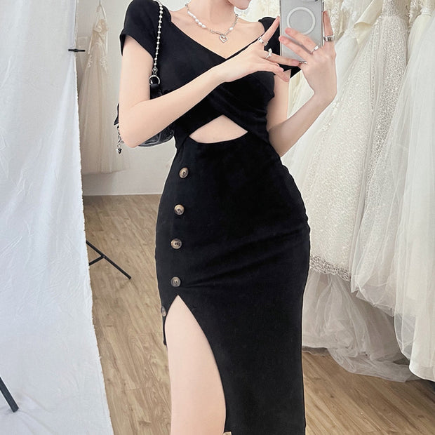Black hollow v-neck short sleeve slit long dress