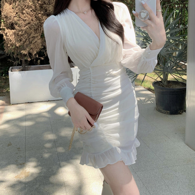 V-neck chiffon puff sleeve long sleeve dress