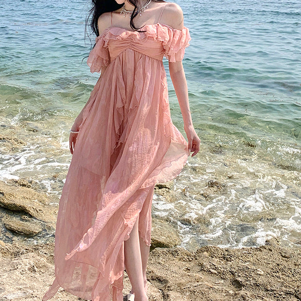 Ruffles Irregular Beach Holiday Pink Dress