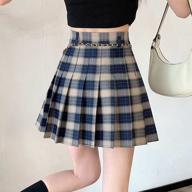 Plaid high waist chain small bag pleated skirt