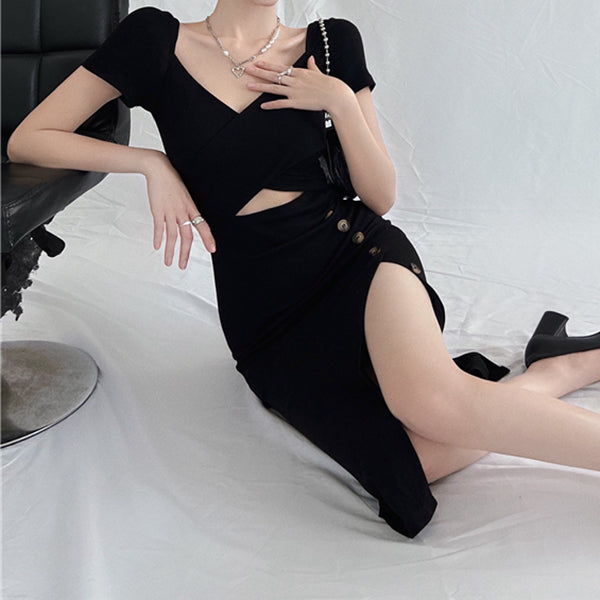 Black Hollow V-Neck Short Sleeve Slit Long Dress