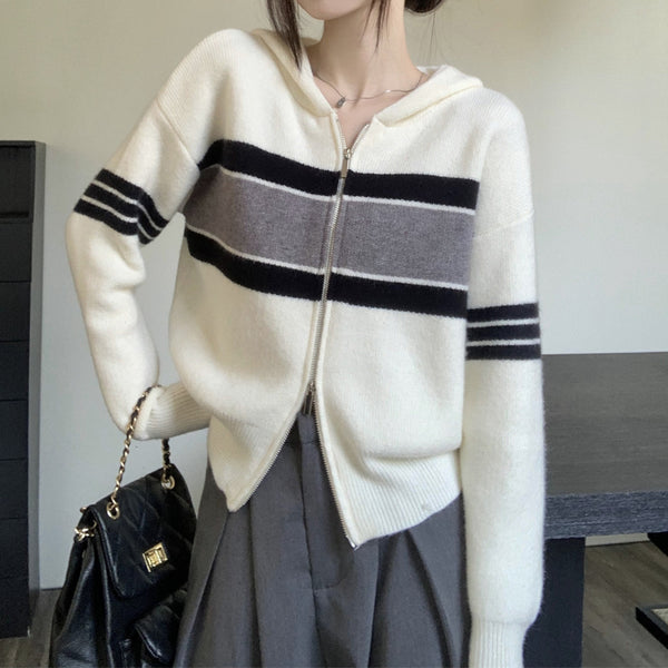Striped Double Zip Hooded Casual Knit Cardigan