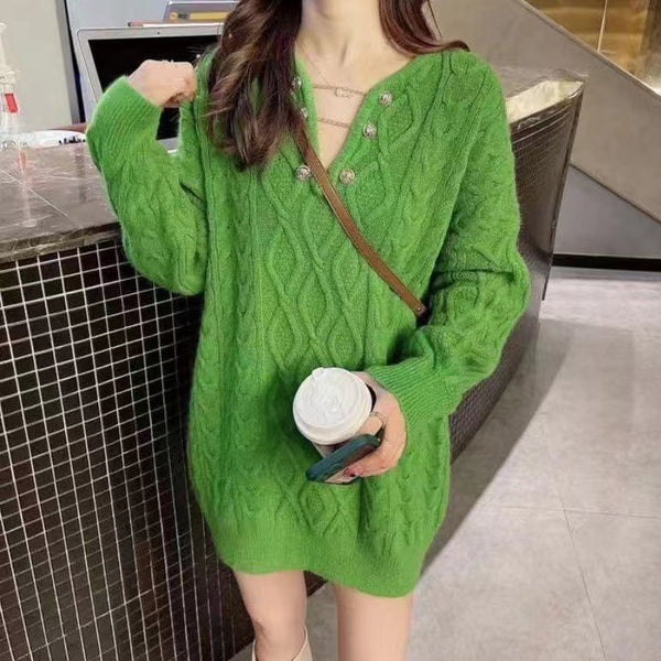 Twist V-Neck Loose Long-Sleeve Knitted Sweater