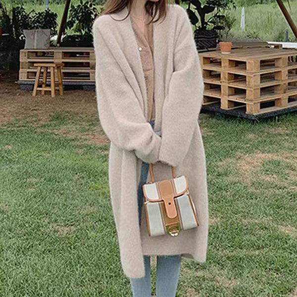 Solid Color Long Sleeve Long Knit Cardigan Coat