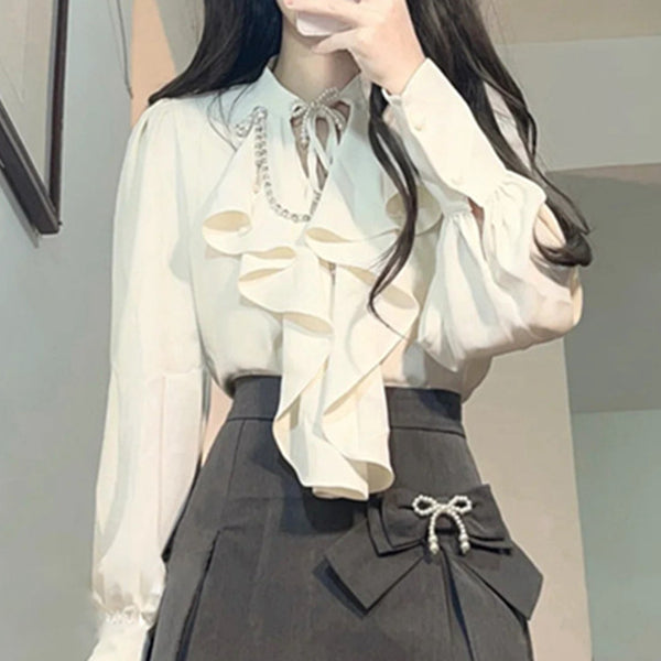 Chain long sleeve shirt bowknot skirt set
