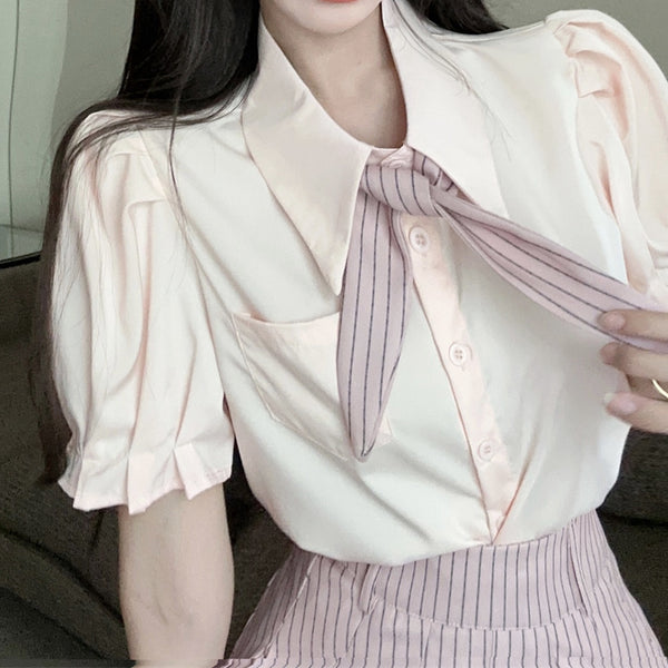 Bow Tie Short Sleeve Shirt Striped Pleated Skirt Set