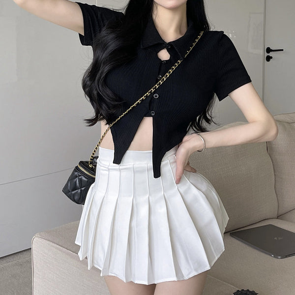 Polo Neck Short Sleeve Top Pleated Skirt Set