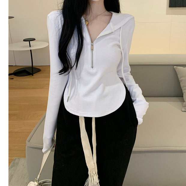 Zipper Hooded Irregular Long Sleeve T-Shirt