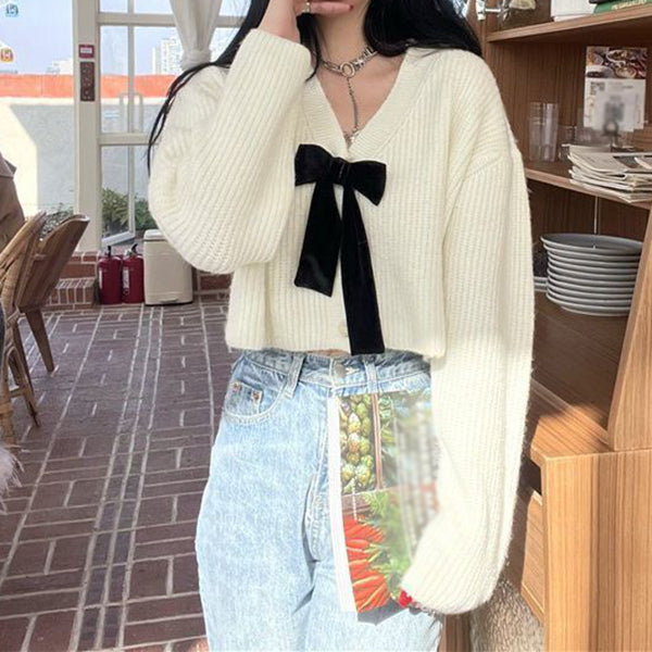Bow cropped v-neck long sleeve knit cardigan