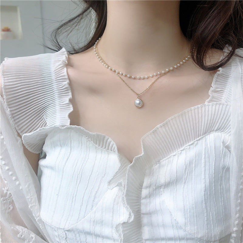 Retro Double Layer Pearl Clavicle Chain Necklace