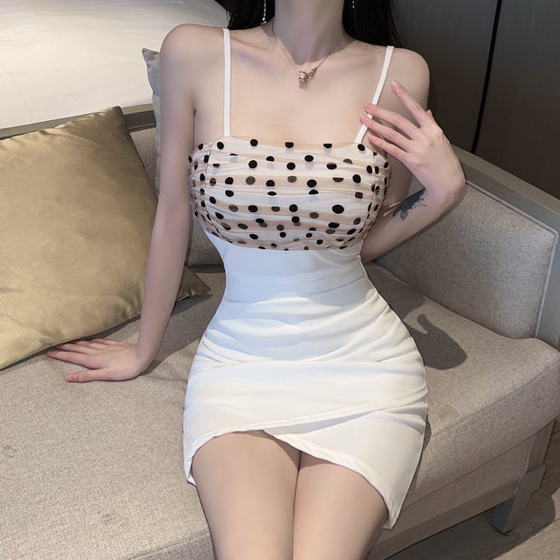 Polka-Dot Mesh Panel Stretch Bodycon Dress