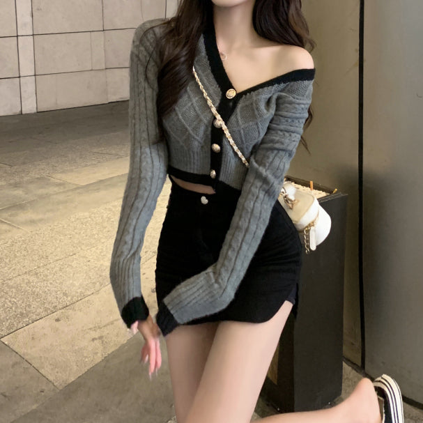 Vintage v-neck single-breasted knit short cardigan