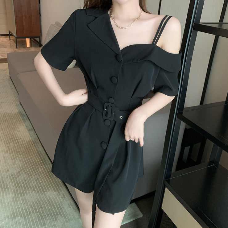 One-Shoulder Belt Waist Short-Sleeved Suit Dress – DRESSVY