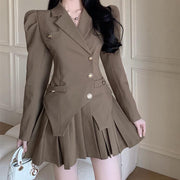 Puff Sleeve Fake Two Piece Irregular Pleated Suit Dress