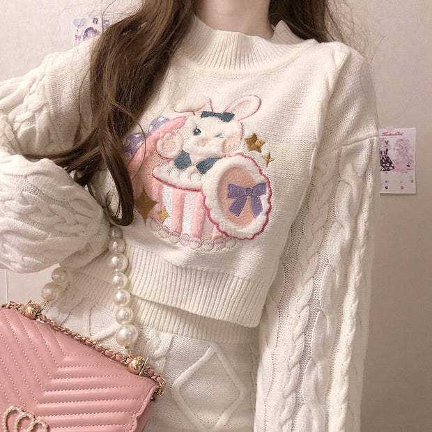 Twist Long Sleeve Rabbit Sweater Knit Skirt Set