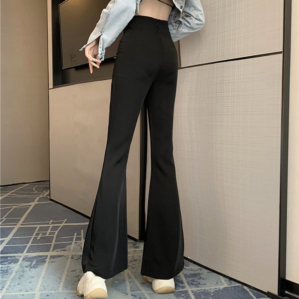 High Waist Suit Pants Slit Micro Flare Black Trousers