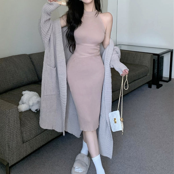 Knit Halter Dress Long Sweater Cardigan Set DRESSVY Knit Halter Dress Long Sweater Cardigan Set DRESSVY