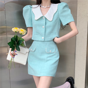 Doll Collar Short Sleeve Jacket High Waist Skirt Set