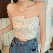 Check Pleated Tube Top Strapless Tank Top