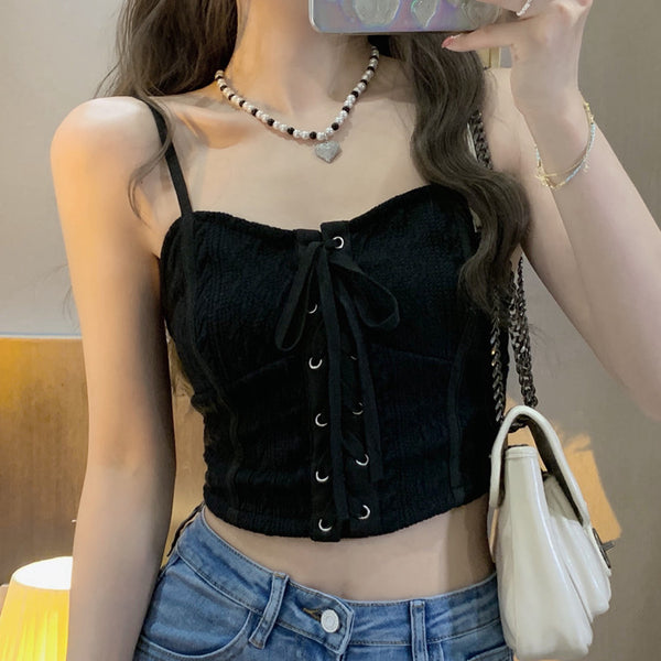 Lace-Up Solid Color Outer Wear Short Camisole