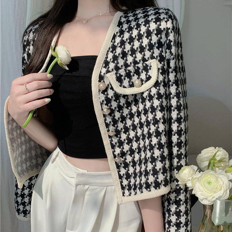 Long-Sleeve Single-Breasted Houndstooth Coat Top Winter Clothes