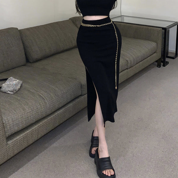 Sexy Short Navel-Bare Cardigan High Waist Chain Slim Slit Skirt Set