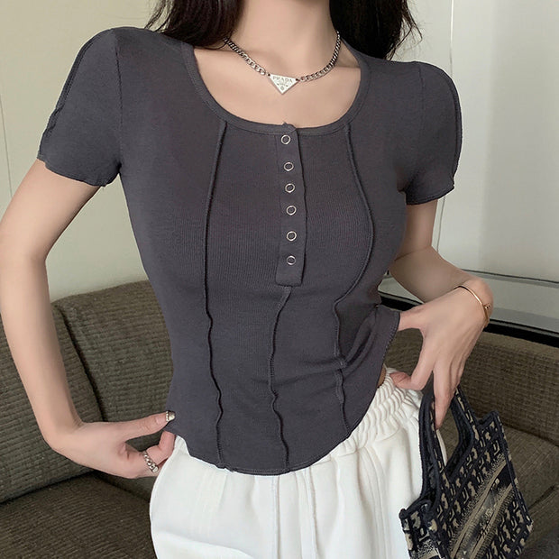 Stretch skinny square neck button short sleeve t-shirt