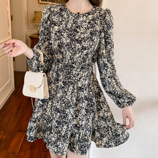 Retro Floral Long-Sleeved A-Line Chiffon Short Dress