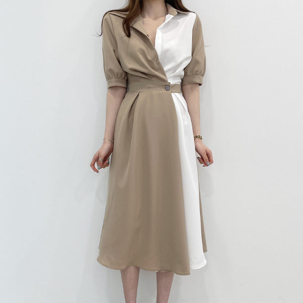 Lapel stitching one-button short-sleeved dress