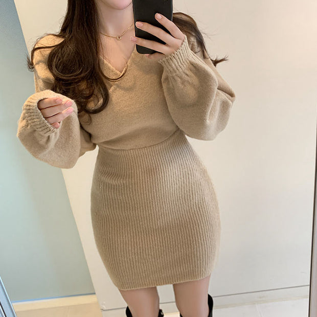 V-neck cross-package hip knitted sweater winter dress