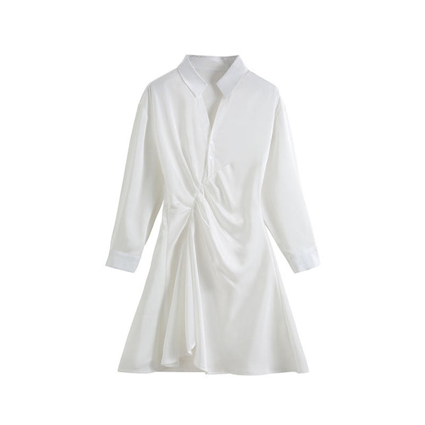 Solid Color Silk Polo Collar Shirt Dress