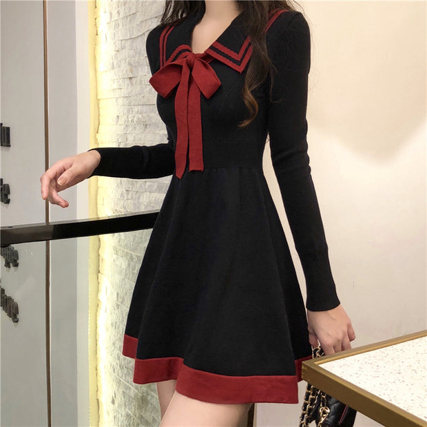 Long-sleeved knitted dress bow a-line dress trend