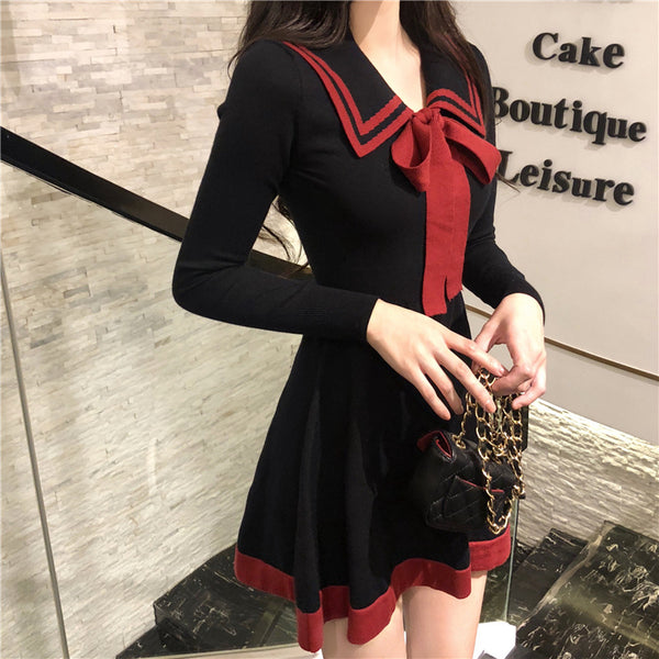 Long-Sleeved Knitted Dress Bow A-Line Dress Trend