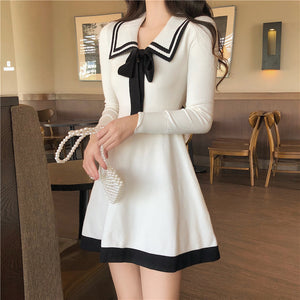 Long-Sleeved Knitted Dress Bow A-Line Dress Trend